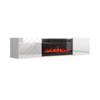 TV-Schrank cama meble LUXE 1826×345×375 mm weiß glanz mit eingebautem schwarzen elektrischen Kamin (1400–1600 W)