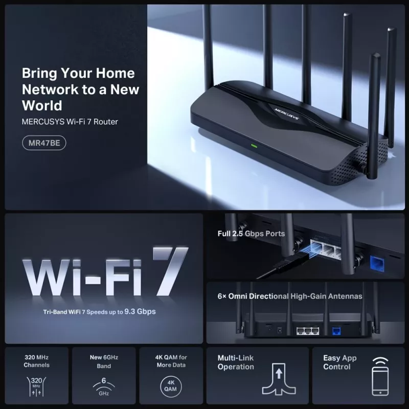Tischrouter MERCUSYS MR47BE — Tri‑Band Wi‑Fi 7 (2,4/5/6 GHz), 9300 Mbit/s, 3× RJ‑45, 2,5GbE, 6 externe Antennen