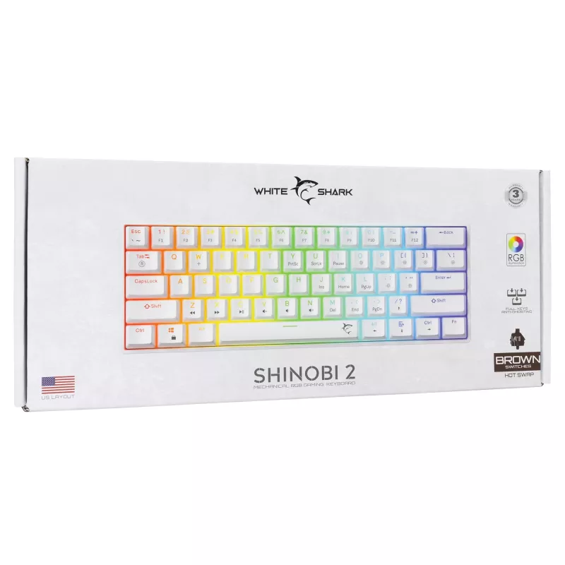 Mechanische Tastatur White Shark Shinobi-2 Brown Switch US-Layout — kompaktes Design, Brown-Switches
