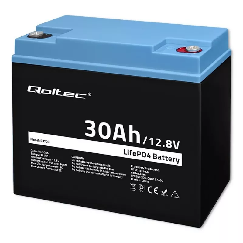 Wiederaufladbare LiFePO4-Batterie QOLTEC 12,8V 30Ah 384Wh mit BMS