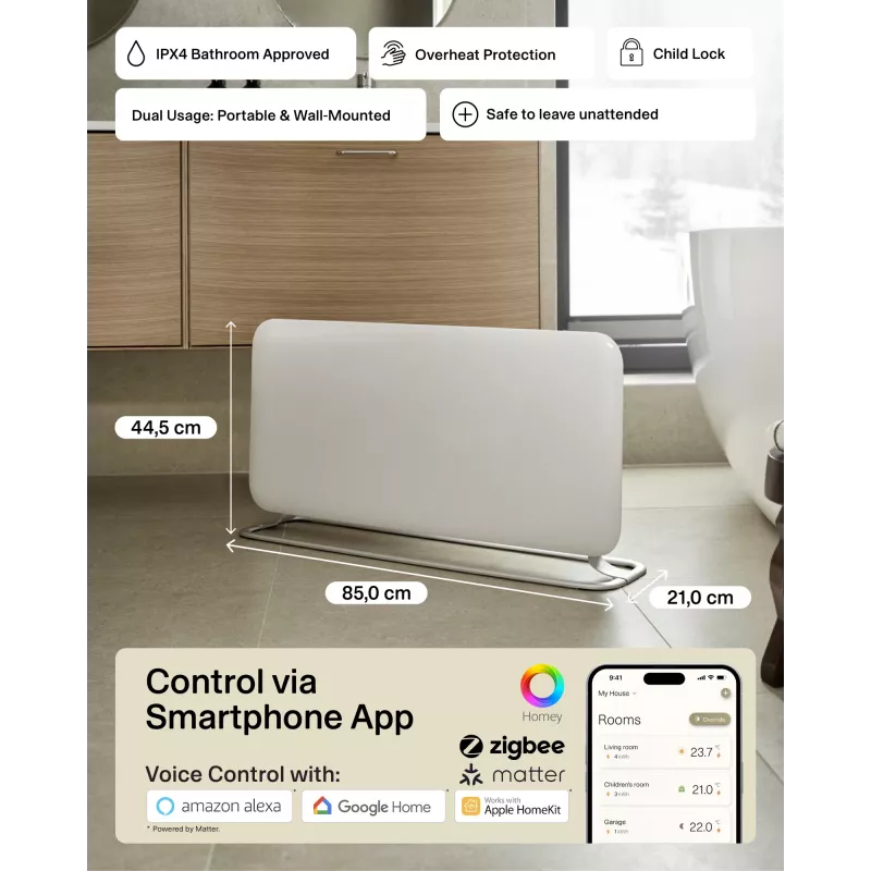 Mill WiFi Panel Heater | PA1500WIFI4A | Panel Heater | 1500 W | Geeignet für Räume bis 22 m² | Weiß | IPX4