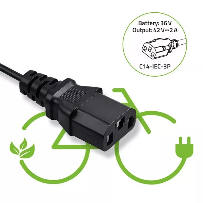 Ladegerät QOLTEC 36V–42V 2A mit C14-IEC-3-poligem Anschluss für E-Bike-Akkus
