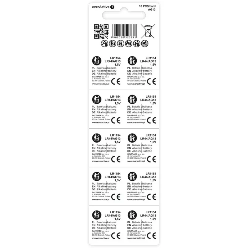Alkaline-Knopfzelle everActive AG13 (LR44) — 10 Stück Packung