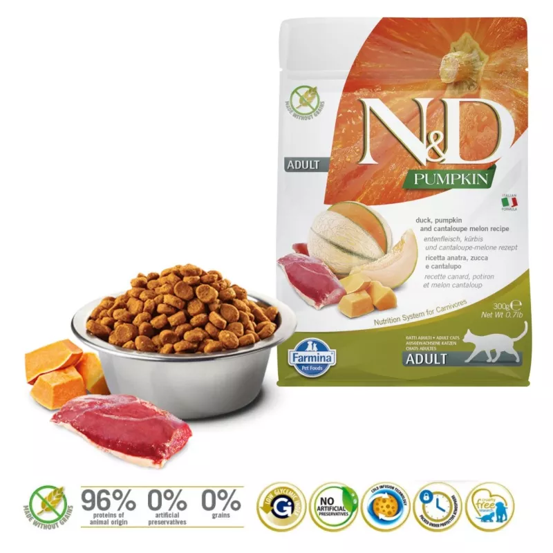 FARMINA N&D Pumpkin Cat Duck and Cantaloupe Melon Adult - Trockenfutter für Katzen - 300 g