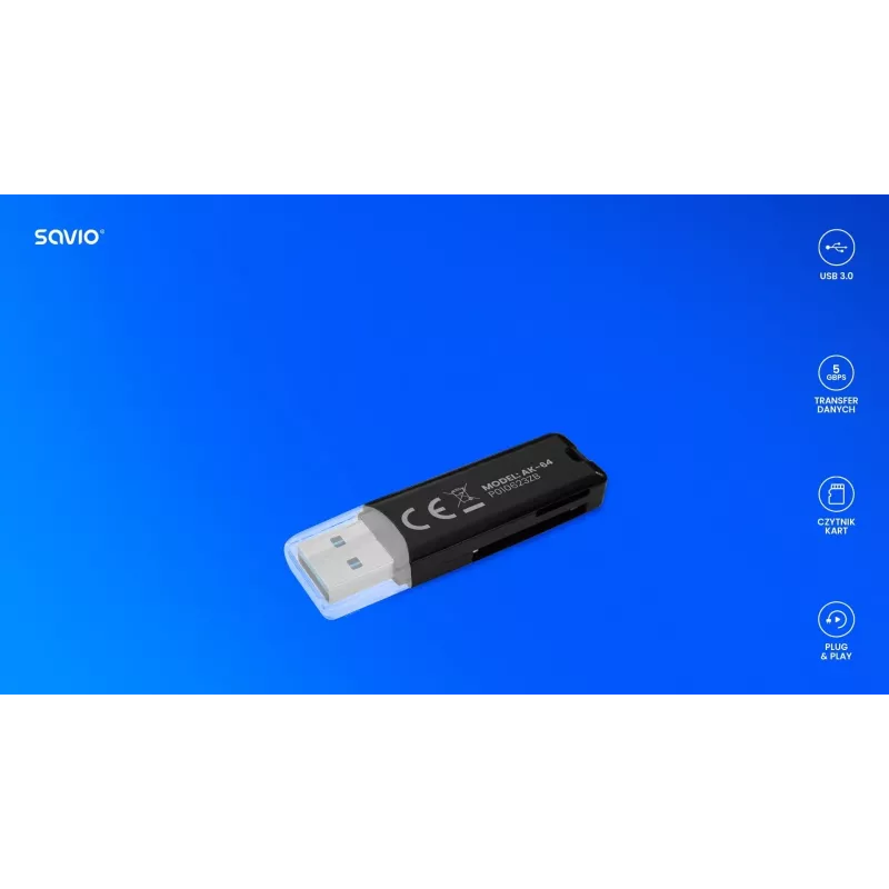 Kartenleser SAVIO AK-64 USB 3.2 Gen 1 Typ-A-Ausgang, MicroSD-Steckplatz, 5000 Mbit/s, schwarz