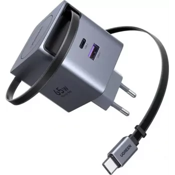 UGREEN X615 65W GaN-Schnellladegerät mit 1x USB-C, 1x USB-A und einziehbarem Kabel (Modell 65825)