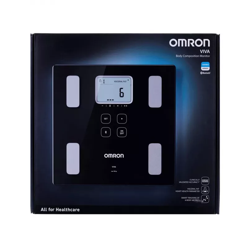 Elektronische Personenwaage Omron VIVA – quadratisch, schwarz, max. 150 kg, 100 g Genauigkeit, Körperfett/BMI/BMR, 30-Benutzer-Speicher