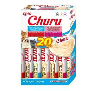 Nassfutter-Leckerli für Katzen INABA Churu 20 x 14 g – Mousse-Tuben mit Thunfisch- und Meeresfrüchtegeschmack