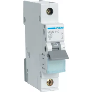 Hager MCN140. Nennstrom: 40 A. Typ: C-Charakteristik, Modulanzahl (max.): 1 Modul(e). Breite: 17,5 mm, Tiefe: 70 mm, Höhe: 83 mm (MCN140)