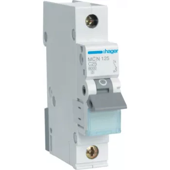 Hager MCN125. Polzahl: 1P. AC-Eingangsfrequenz: 50/60 Hz, Nennausgangsstrom: 25 A. Breite: 17,5 mm, Tiefe: 70 mm, Höhe: 83 mm (MCN125)