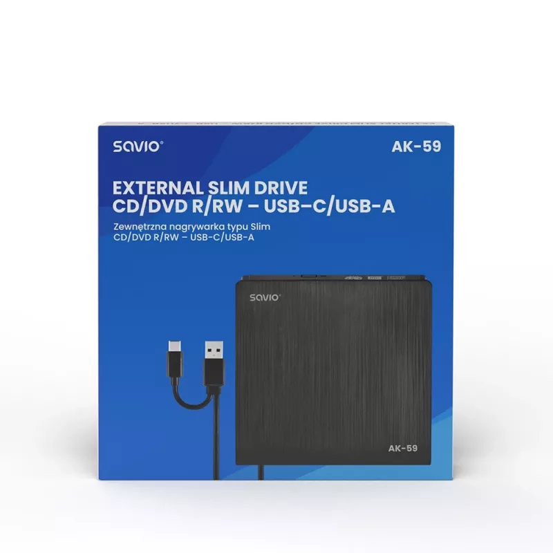 SAVIO AK-59 Externer schlanker CD/DVD-Brenner R/RW - USB-C/USB-A, schwarz