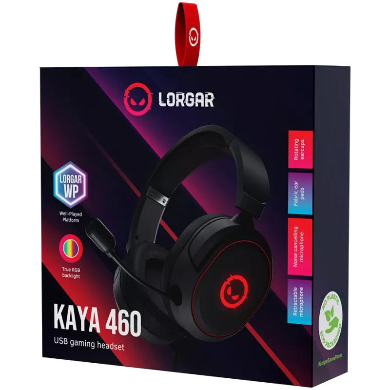 LORGAR Kaya 460, USB-Gaming-Headset mit Mikrofon, CM108B, RGB-Beleuchtung, Plug&Play, USB-A-Anschlusskabel 2m, Stoff-Ohrpolster, Größe: 192*184,7*88mm, 0,329kg, schwarz