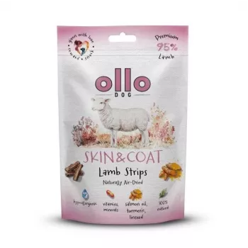 Hundesnack OLLO Air-Dried Skin & Coat Lamb Strips 80 g — luftgetrocknete hypoallergene Lammstreifen zur Unterstützung von Haut und Fell