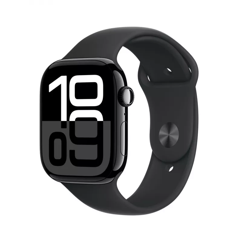 Apple Watch Series 10 GPS 46mm Gehäuse aus Aluminium in Jet Schwarz mit schwarzem Sportarmband – M/L