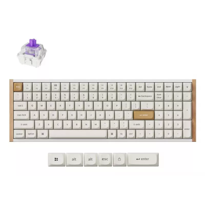 Mechanische Tastatur Keychron K4 HE 96% QWERTY — USB, RF Wireless & Bluetooth, 100 Tasten, RGB, Weiß/Holz