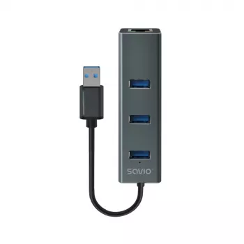 SAVIO USB-A-Hub mit RJ-45 Gigabit Ethernet AK-57 — 3× USB-A + RJ-45, USB 3.2 Gen 1 Micro‑B Host, 5 Gbit/s, 4 Ports, grau
