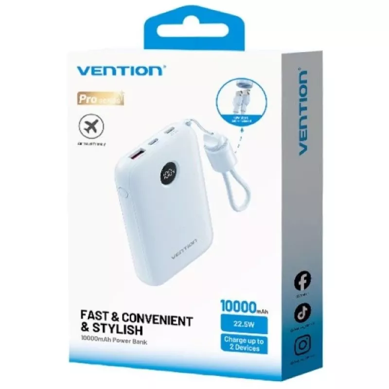 Powerbank Vention 10000mAh 22,5W — 2× USB‑C, 1× USB‑A, blau