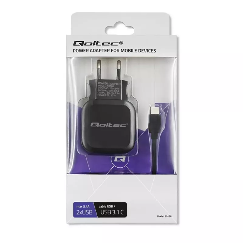 Qoltec 50188 Ladegerät für mobile Geräte Laptop, Smartphone, Smartwatch, Tablet, Telefon, Universal Schwarz AC, DC Innenbereich