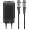 USB-C Fast Charger Nano, PD, GaN, 65 Watt, USB-C Braided Kabel (schwarz, 1x USB-A, 2x USB-C PD, Quick Charge 3.0, 1 Meter Kabel)
