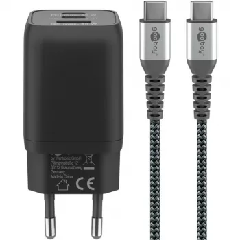 USB-C Fast Charger Nano, PD, GaN, 65 Watt, USB-C Braided Kabel (schwarz, 1x USB-A, 2x USB-C PD, Quick Charge 3.0, 1 Meter Kabel)