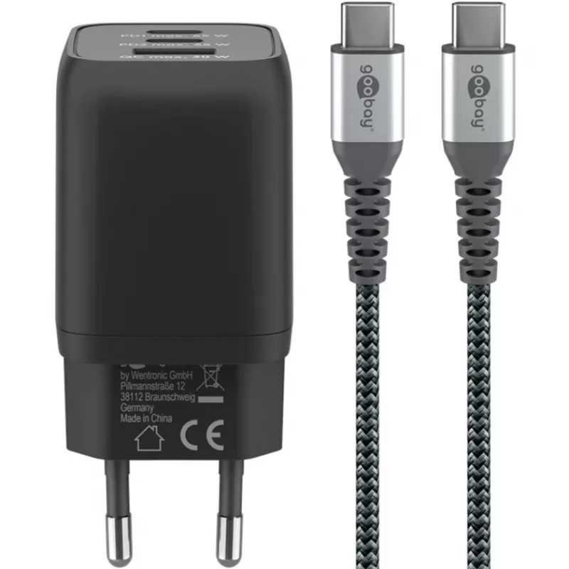 USB-C Fast Charger Nano, PD, GaN, 65 Watt, USB-C Braided Kabel (schwarz, 1x USB-A, 2x USB-C PD, Quick Charge 3.0, 1 Meter Kabel)
