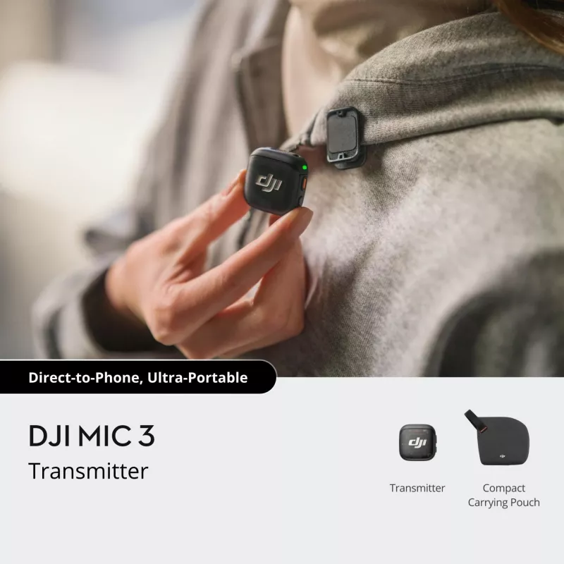 Drahtloser Bodypack-Sender DJI MIC 3 – kompakter tragbarer Mikrofonsender, Schwarz/Grau