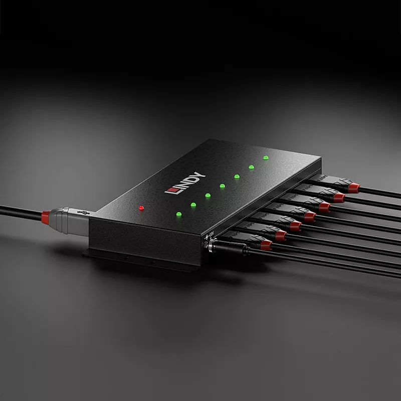 Lindy 7 Port USB 3.0 Metal Hub, USB 3.2 Gen 1 (3.1 Gen 1) Type-A, 5000 Mbit/s, Schwarz, 0,8 m, 185 mm, 75 mm