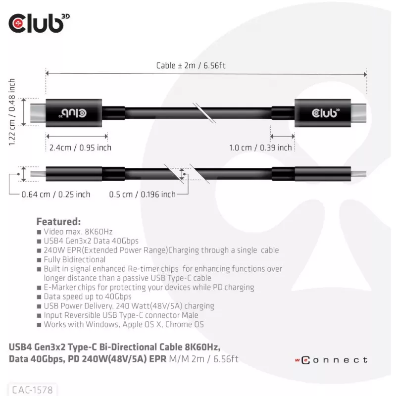 CLUB3D USB4 Gen3x2 Type-C bidirektionales Kabel 8K60Hz, Daten 40Gbps, PD 240W(48V/5A) EPR M/M 2m / 6.56ft
