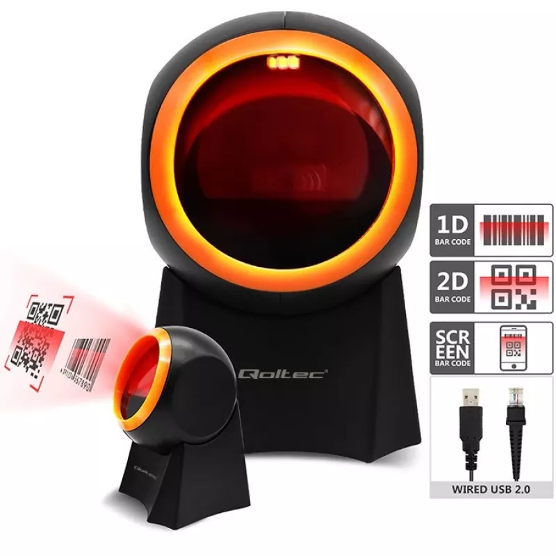 Kabelgebundener Desktop-Barcodescanner QOLTEC 50857 – 1D/2D, USB, ABS-Gehäuse, schwarz, 1,75 m Kabel