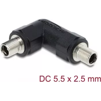 DC-Hohlstecker-Adapter DELOCK 5,5 x 2,5 mm Buchse-zu-Buchse mit Gewindehülse, 90° gewinkelt, schwarz