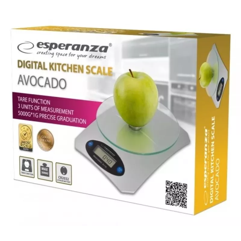 Elektronische Küchenwaage ESPERANZA Avocado Grau — 5 kg Kapazität, Bambusplattform, Einheiten g/lb/oz