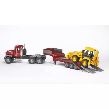 Spielzeug-Sattelzug mit JCB 4CX Zubehör, BRUDER, Modell BR-02813, ABS-Konstruktion, mehrfarbig