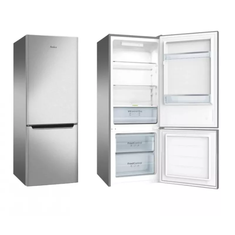 Freistehende Kühl-Gefrierkombination AMICA KGCL 384 160 E, Gesamt 205 L, Kühlteil 153 L, Gefrierteil 52 L, unteres Gefrierfach, Edelstahl