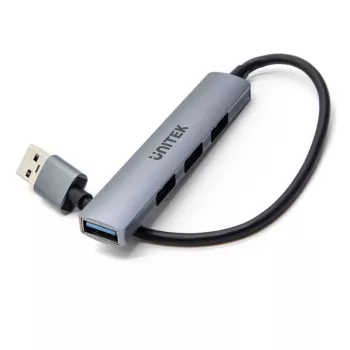 USB-Hub Unitek H1208A — 4 Ports (1 × USB 3.2 Gen 1 Typ-A, 3 × USB 2.0), Aluminiumgehäuse, grau, 0,20 m Kabel
