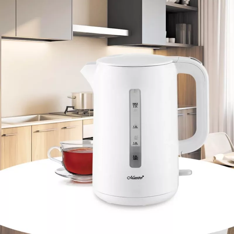Elektrischer Wasserkocher Maestro MR-022-WHITE, 2,2 L, 1850–2200 W, Kunststoffgehäuse, 360°-Basis, Antikalkfilter, Wasserstandsanzeige