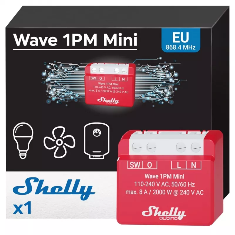 In-Wall Smart-Relais Shelly 1PM — einkanaliger Z-Wave Mini-Schalter, 110–240 V, 8 A, 2000 W, 868,4 MHz
