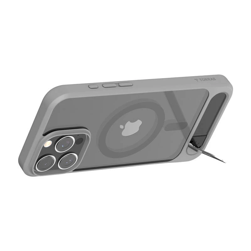 Schutzhülle Torras Pstand Series für iPhone 16 Pro Max, grau, schlankes Profil mit integriertem Ständer