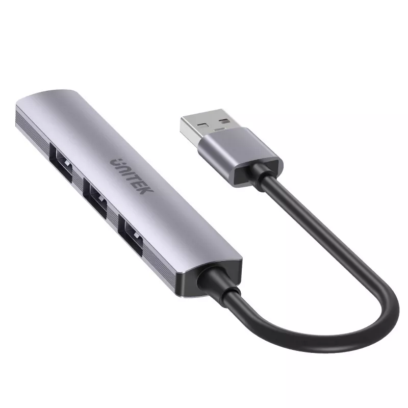 USB-Hub Unitek H1208A — 4 Ports (1 × USB 3.2 Gen 1 Typ-A, 3 × USB 2.0), Aluminiumgehäuse, grau, 0,20 m Kabel