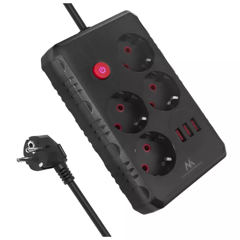Steckdosenleiste MACLEAN MCE393 B — 4 Steckdosen, 3×USB, 110–240 V, 2500 W, 3 m Kabel, schwarz