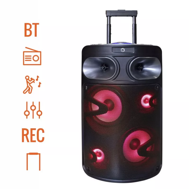 Tragbarer Bluetooth-Karaoke-Lautsprecher MANTA SPK0803B140 140W, batteriebetrieben, MIC/USB/microSD, FM, Equalizer, Rollen