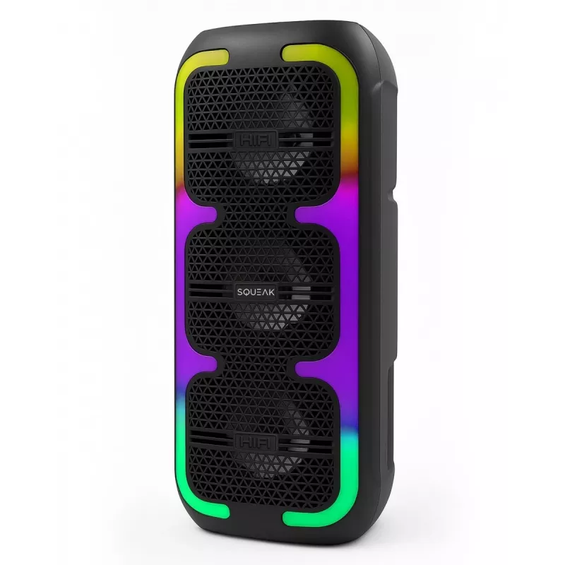 Tragbarer Stereo-Lautsprecher SQUEAK SQ1009 – Bluetooth 5.3, 45 W RMS, 10 h Akkulaufzeit, FM, USB, AUX, LED, 1800 mAh, Schwarz