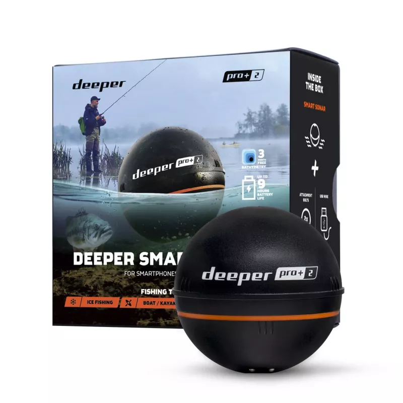 Tragbares Fischfinder Deeper Smart Sonar PRO+ 2 Sonar 675 kHz, 100 m Reichweite, 65×65×65 mm, Li‑Ion 950 mAh