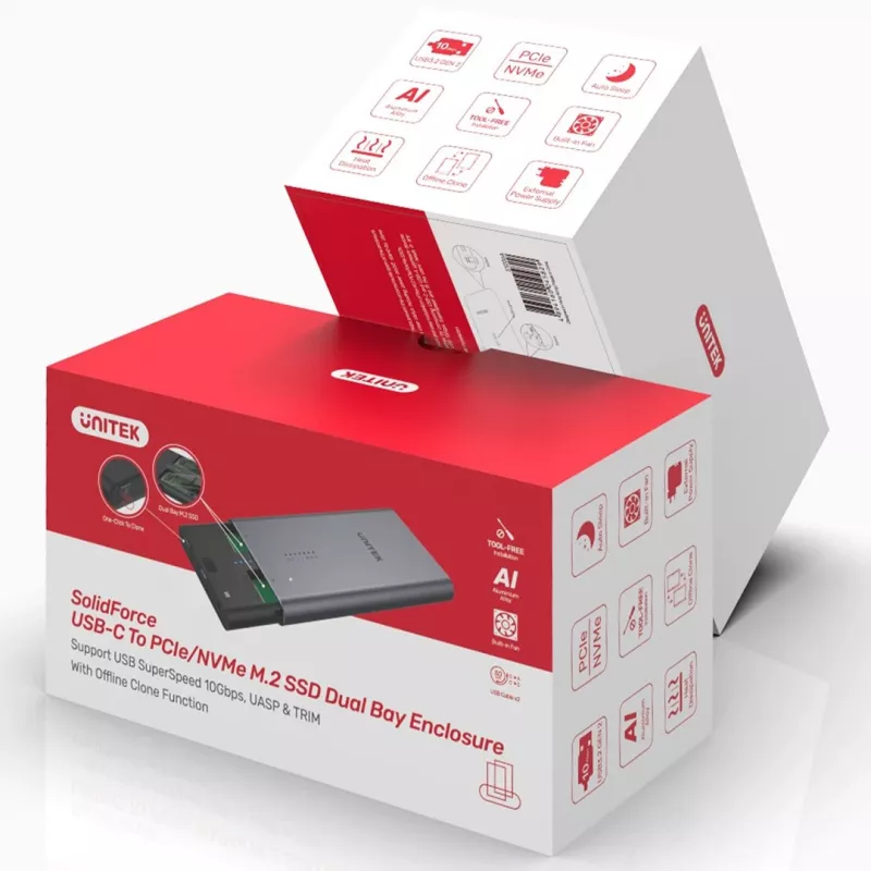 SSD-Gehäuse Unitek S1206A für 2× M.2 NVMe PCIe Gen3 x4 Laufwerke, USB 3.2 Gen 2 (10 Gbit/s), Aluminium, USB-C, inklusive Netzteil