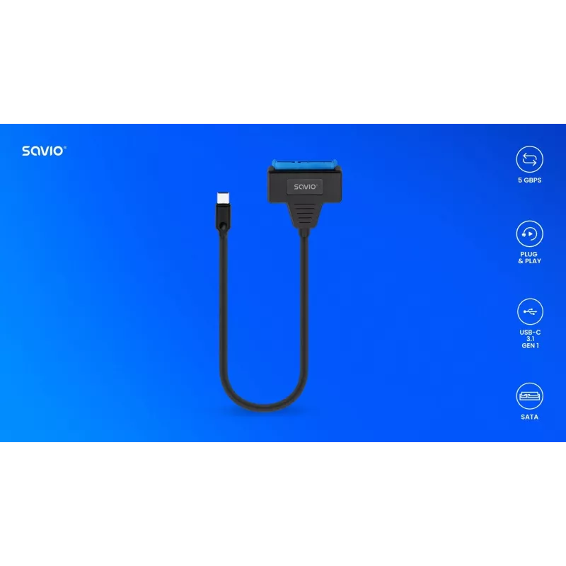 SAVIO SATA-zu-USB-C-Schnittstellenkabel AK-69, SATA-Buchse auf USB-C-Stecker, USB 3.2 Gen 1 (5 Gbit/s), 0,25 m, schwarz