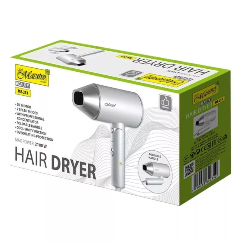 Haartrockner Maestro MR-213 2100W klappbarer Griff, 2 Geschwindigkeiten, Kaltstufe, doppelwandiger Konzentrator, Silber