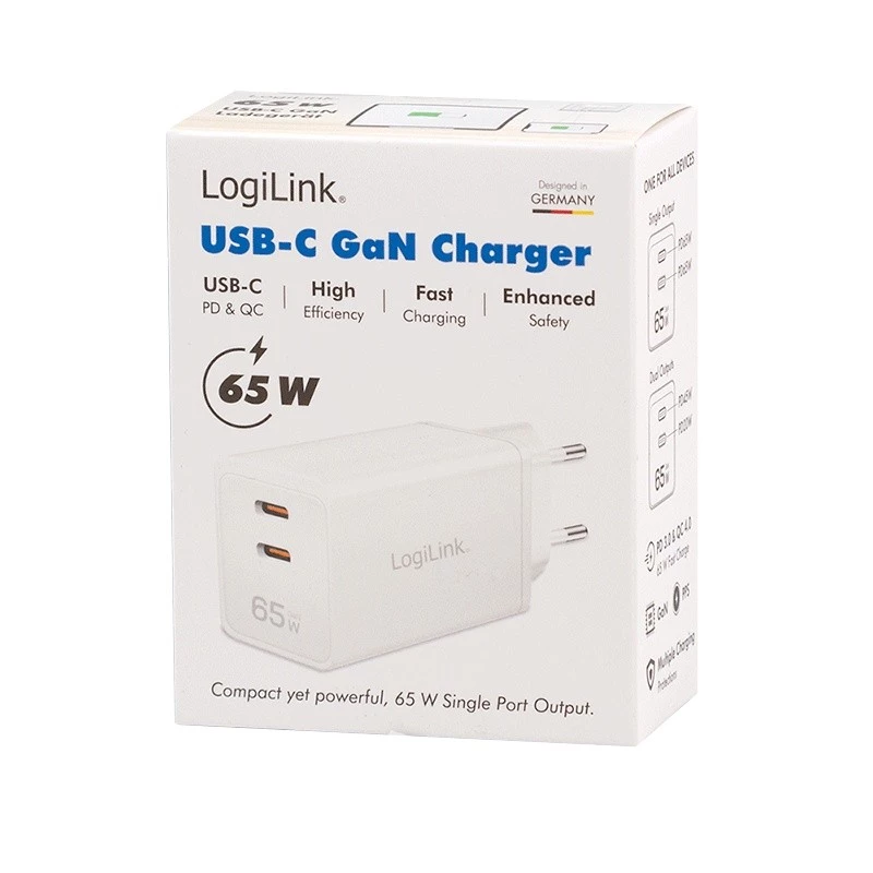 Dualer USB-Steckdosenadapter 65W, 2xUSB-C, weiß