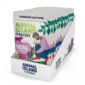 Nassfutter für Katzen animal island Everyday Jelly Kalbfleisch — 12 x 85 g Beutel, ausgewachsene Katzen, zucker-/soja-/glutenfrei