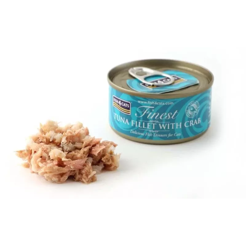 Nassfutter für Katzen FISH4DOGS Thunfischfilet mit Krabbe 70 g — Dose, 70 g, 85 % Feuchtigkeit, 12 % Protein
