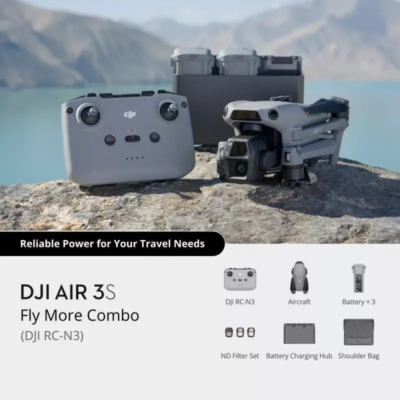 Quadcopter DJI Air 3s — 4-Rotor-Drohne, 50-MP-Kamera, 3840×2160 Video, 27 m/s, 32.000 m Reichweite, 4276-mAh-Akku, 42 GB interner Speicher, Grau