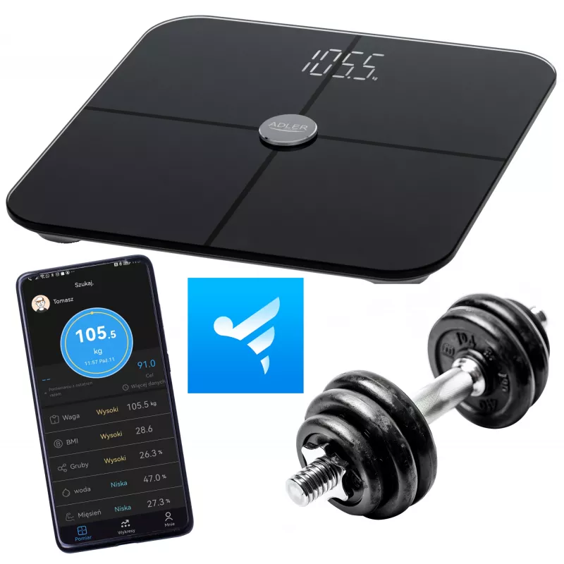 Personenwaage Adler AD 8187 — maximales Gewicht 180 kg, Genauigkeit 100 g, BMI-Messung, schwarz